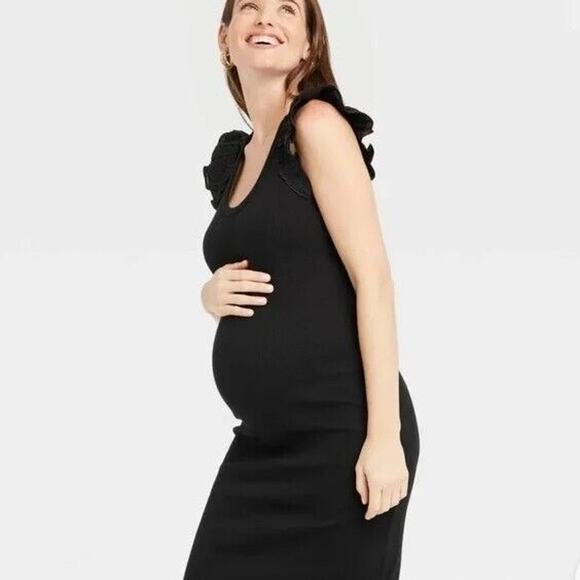 The Nines by Hatch Ribbed Jersey Knit Maternity Bodycon Dress Ruffle Sleeve XL - Picture 2 of 7